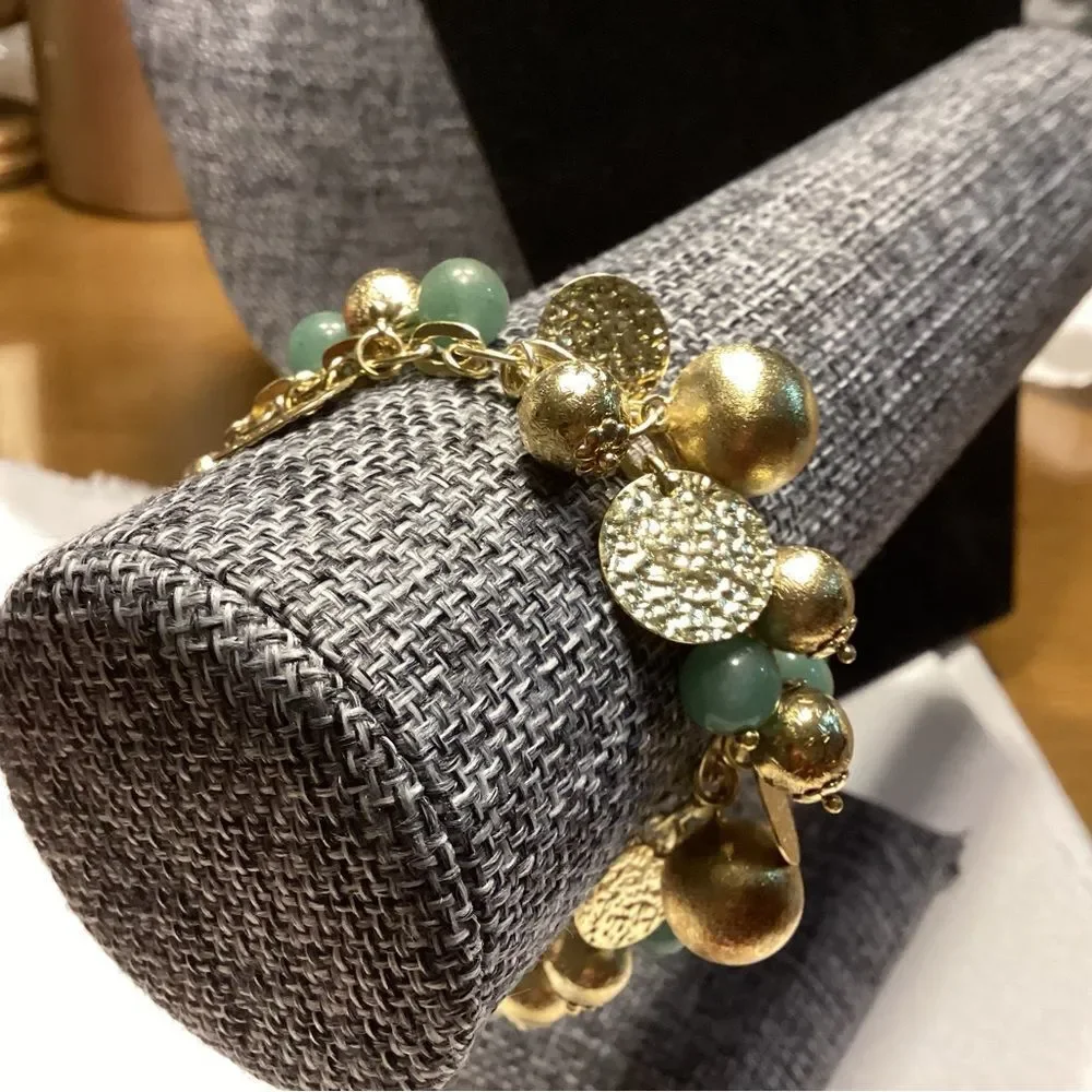 Goldtone Giant Spring Ring Gold and Green Charms Bracelet